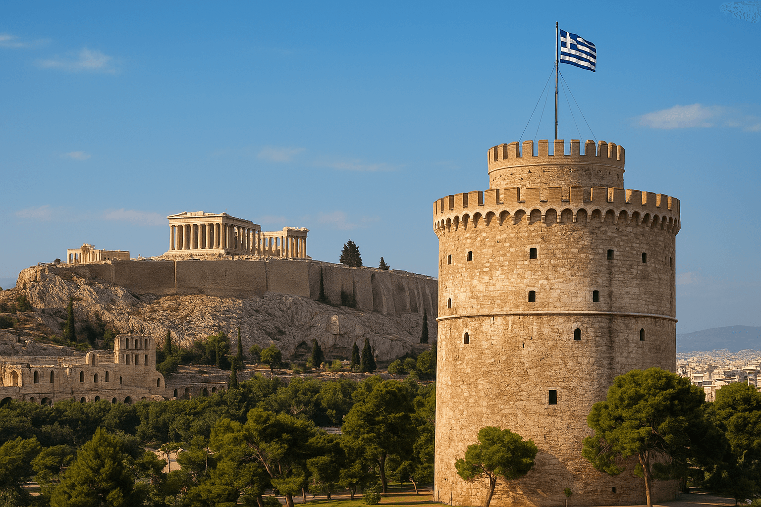 ένα laptop που δείχνει την ακρόπολη και τον λευκό πύργο